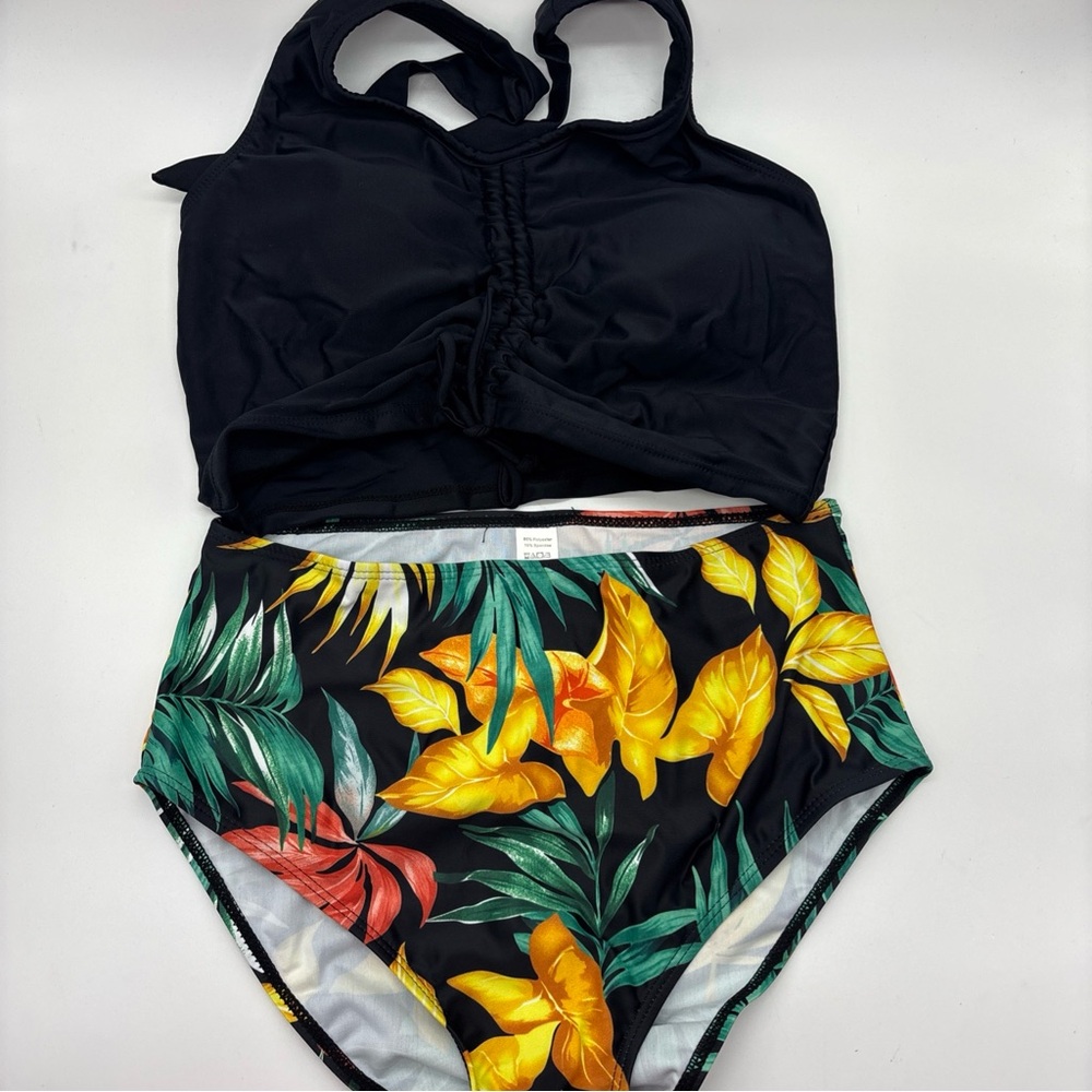 Women's Black Yellow Leaf Print High Waisted Halter Top Bikini, Small